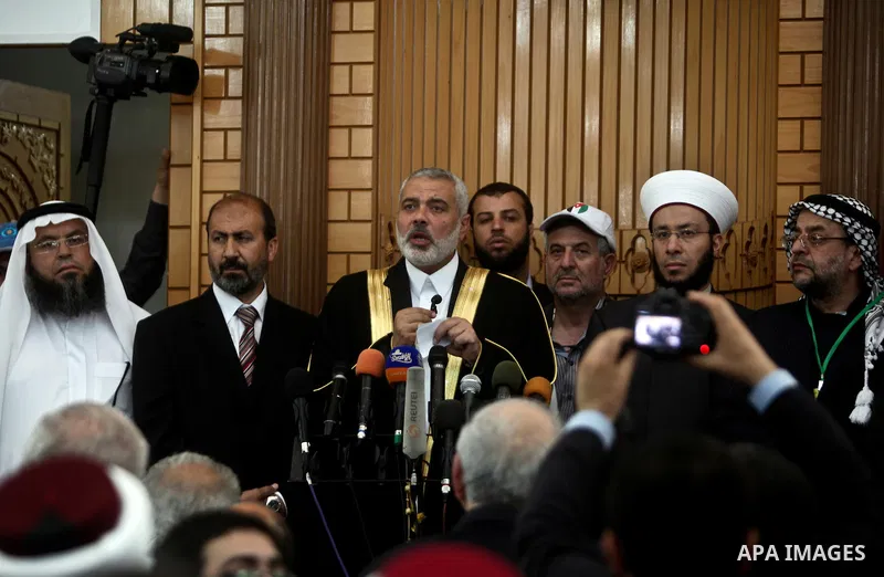 Palestinian Prime Minister in Gaza Strip, Ismail Haniyeh during press conference after meet with members of the convoy of "Miles of smiles 12" and "Ansar 2", following the Friday prayers in Gaza city on May 18,2012 . Pho...