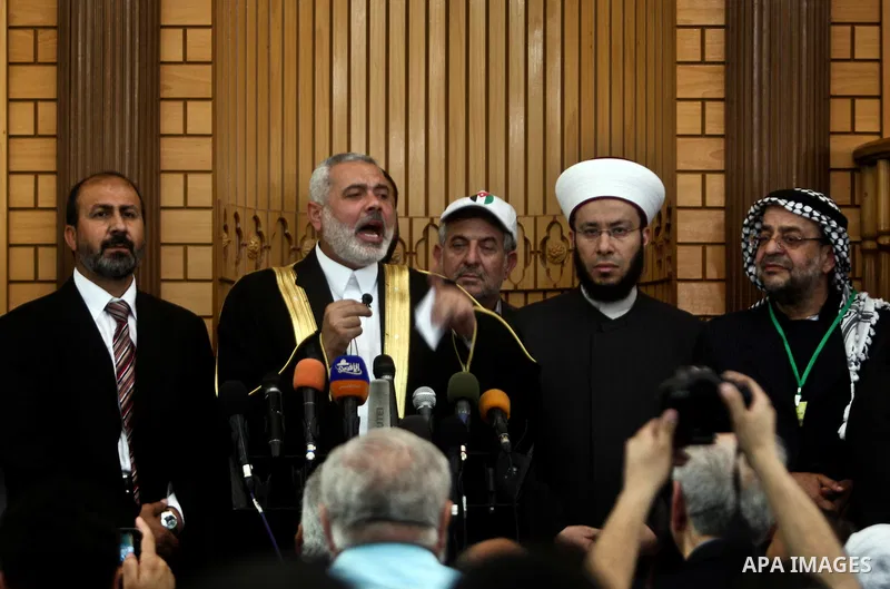 Palestinian Prime Minister in Gaza Strip, Ismail Haniyeh during press conference after meet with members of the convoy of "Miles of smiles 12" and "Ansar 2", following the Friday prayers in Gaza city on May 18,2012 . Pho...
