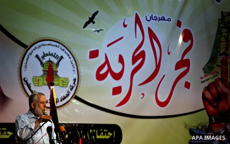 Leader in the islamic jihad movement Mohammed Al Hindi speaks during a celebration to honors Palestinian journalists in Gaza City, Attend by relatives of Palestinian prisoners held in israeli jails on 19 May 2012. Photo...