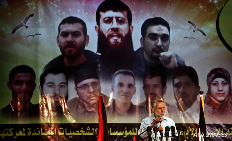 Leader in the islamic jihad movement Mohammed Al Hindi speaks during a celebration to honors Palestinian journalists in Gaza City, Attend by relatives of Palestinian prisoners held in israeli jails on 19 May 2012. Photo...