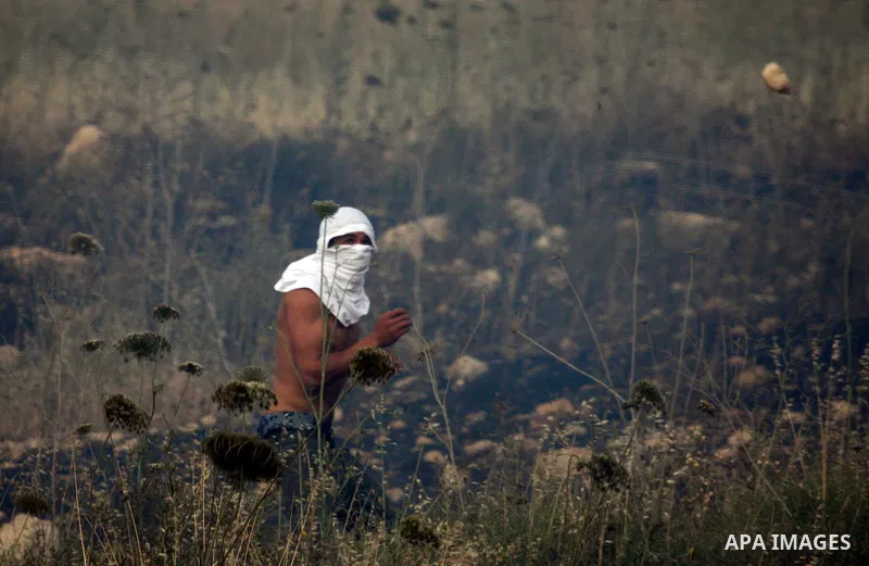 Israeli settlers from the Jewish settlement of Yitzhar throw stones during clashes with Palestinians from the village of Asira al-Qibiliya, south of the northern West Bank city of Nablus on May 19, 2012. The Israeli army...