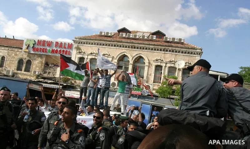 Israeli police Prevented Palestinian demonstrators as they try to disperse a protest against a parade marking Jerusalem Day, in front of Damascus Gate outside Jerusalem's Old City May 20, 2012. Jerusalem Day marks the an...