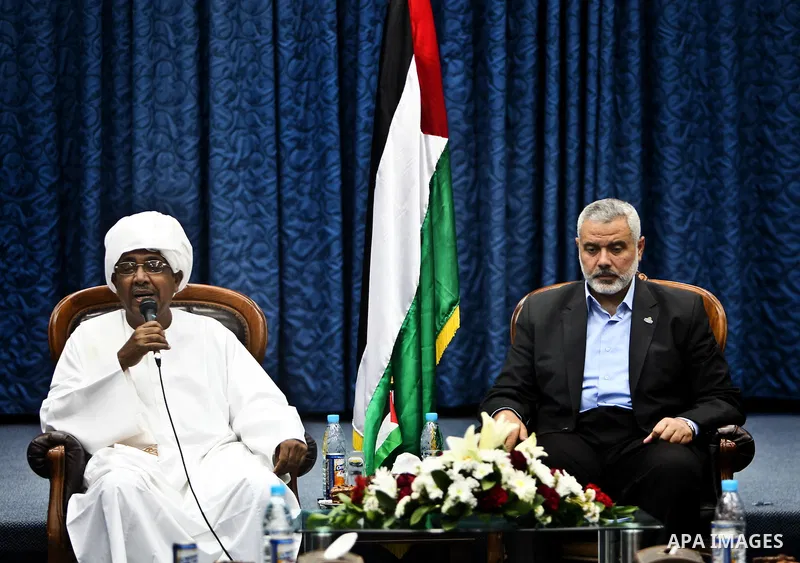 Palestinian Prime Minister in Gaza Strip, Ismail Haniyeh meets with members of the convoy "Shad Al Rehal" from Global Coalition to support Jerusalem in Gaza city on 21 May, 2012.The convoy have 68 solidarity of different...