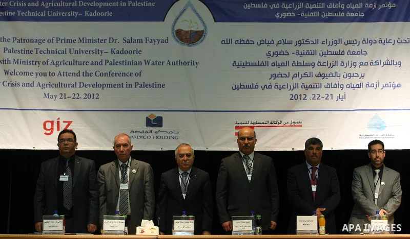 Palestinian Prime Minister Salam Fayyad, participates in the opening of the water crisis conference and the prospects for agricultural development in Palestine, in the West Bank on May 21, 2012. Photo by Mustafa Abu Daye...