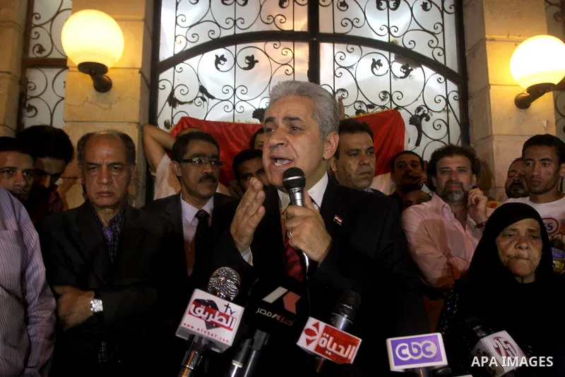 Egyptian presidential candidate Hamdeen Sabahi comments on the Egyptian election result at a press conference at his campaign headquarters in Cairo Egypt, Saturday, May 26, 2012. Of 13 candidates running for the presiden...