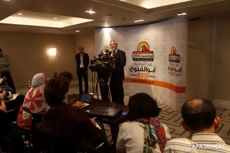 Egyptian presidential candidate Abdel-Moneim Abolfotoh speaks at a press conference in Cairo, Egypt, Monday, May 28, 2012. Three top candidates in Egypt's presidential race have filed appeals to the election commission,...