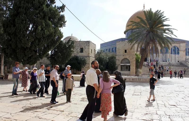 Group of Israeli settlers enter the courtyards of Al-Aqsa Mosque, in Jerusalem's old city on May 28, 2012. Photo by Mahfouz Abu Turk