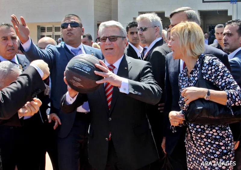 German Federal President Joachim Gauck, and his partner Daniela Schadt, take part during Opening Ceremony of Palestinian school in the Burin Village near the West Bank City of Nablus, 31 May 2012. The German head of stat...