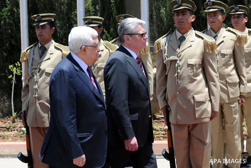 Palestinian President Mahmoud Abbas (Abu Mazen) meets with German President Joachim Gauck ,in the West Bank City of Ramallah, on May 31, 2012. Photo by Thaer Ganaim