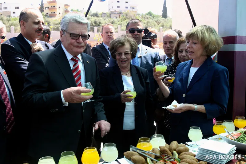 German President Joachim Gauck attend the inauguration ceremony of a German-funded girls' school West Bank village of Burin, south of Nablus, on May 31, 2012 . Photo by Wagdi Eshtayah