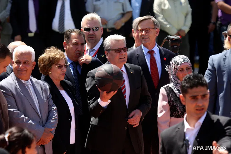 German President Joachim Gauck attend the inauguration of a German-funded girls' school in the West Bank village of Burin, south of Nablus, on May 31, 2012 . Photo by Wagdi Eshtayah