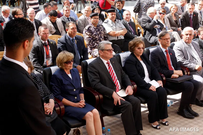 German President Joachim Gauck attend the inauguration of a German-funded girls' school in the West Bank village of Burin, south of Nablus, on May 31, 2012 . Photo by Wagdi Eshtayah
