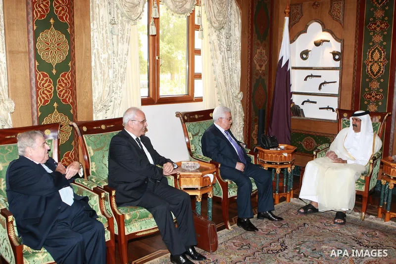 Palestinian President Mahmoud Abbas (Abu Mazen) meets with Emir of Qatar Sheikh Hamad bin Khalifa al-Thani in Qatar on June 03, 2012. Photo by Thaer Ganaim