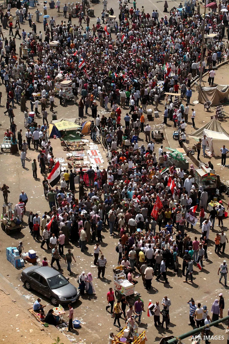 Egyptian protesters shout slogans against former President Hosni Mubarak and his aides during the protests after the announcement of the verdict in their trial, at Tahrir square, Cairo, Egypt, 05 June 2012. Opposition gr...