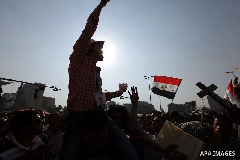Egyptian protesters shout slogans against former President Hosni Mubarak and his aides during the protests after the announcement of the verdict in their trial, at Tahrir square, Cairo, Egypt, 05 June 2012. Opposition gr...
