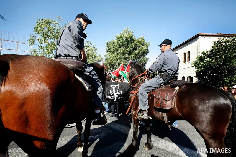 Mounted Israeli police break up a Palestinian protest during a demonstration marking the 'Naksa Day' at the Damascus Gate on 05 June 2012. Naksa Day is the annual day of commemoration for the Palestinian people of the di...