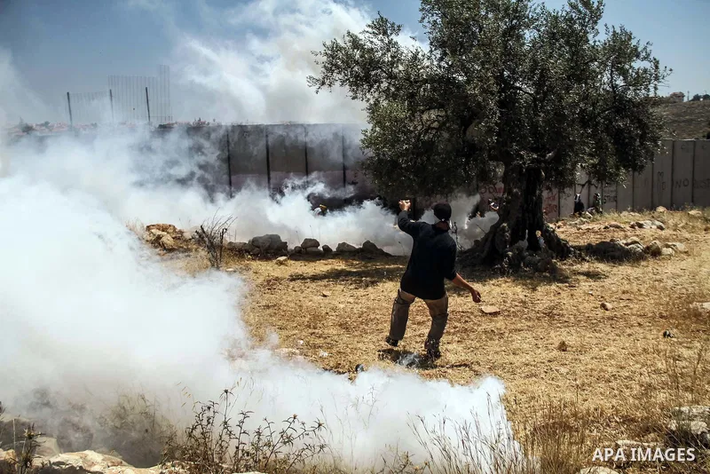Palestinian protester hurls stones at Israeli soldiers during a weekly demonstration against Israel's controversial separation barrier in the West Bank village of Nilin on June 8, 2012. When completed, 85 percent of the...