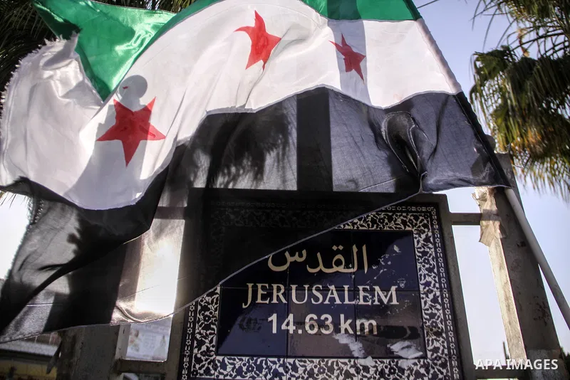 Palestinians hold a flag of Free Syria during a demonstration solidarity with Syrian's revolution and against Bashar Al Asad rule in the West Bank city of Ramallah, on 10 June 2012. Photo by Ahmed Mesleh