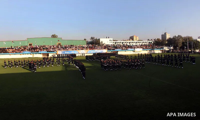 Graduating police officers march during a ceremony at the police academy in Gaza City on June 13, 2012, making them the first batch of officers to graduate after four years of training under the Hamas leadership. Hamas h...