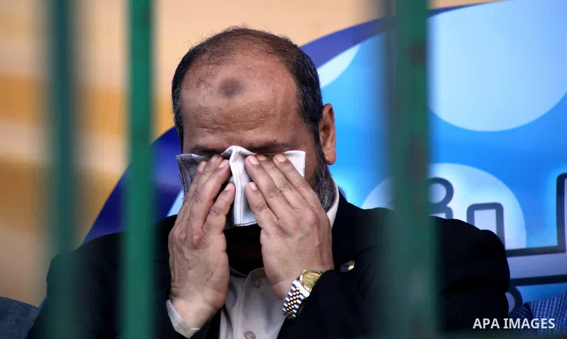 A Hamas member of the political leadership Khaleel Al-Hayyah cry during graduating police officers ceremony at the police academy in Gaza City on June 13, 2012, making them the first batch of officers to graduate after f...