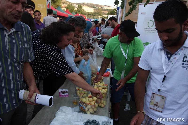 Palestinians take part in the opening of "Apricot Exhibition" in the village of Jaffna in the West Bank city of Ramallah, Thursday June 14, 2012. Photo by Issam Rimawi