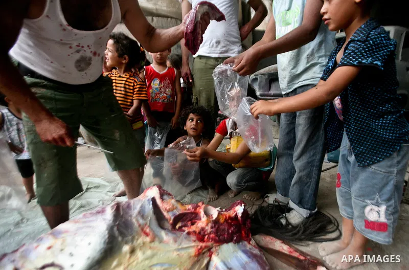 Palestinian children receive bags of horse meet in a poor neighborhood in the central Gaza Strip on 15 June 2012. The people of the poor neighborhood in the center of Gaza strip slaughter horses every twenty days, and di...