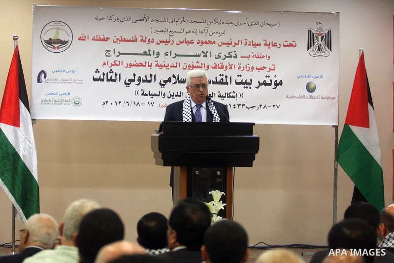 Palestinian president Mahmoud Abbas speaks on June 17, 2012 in the West Bank city of Ramallah, where he said that the peace process was in a state of clinical death, blaming Israel for the stalemate. Photo by Issam Rimaw...