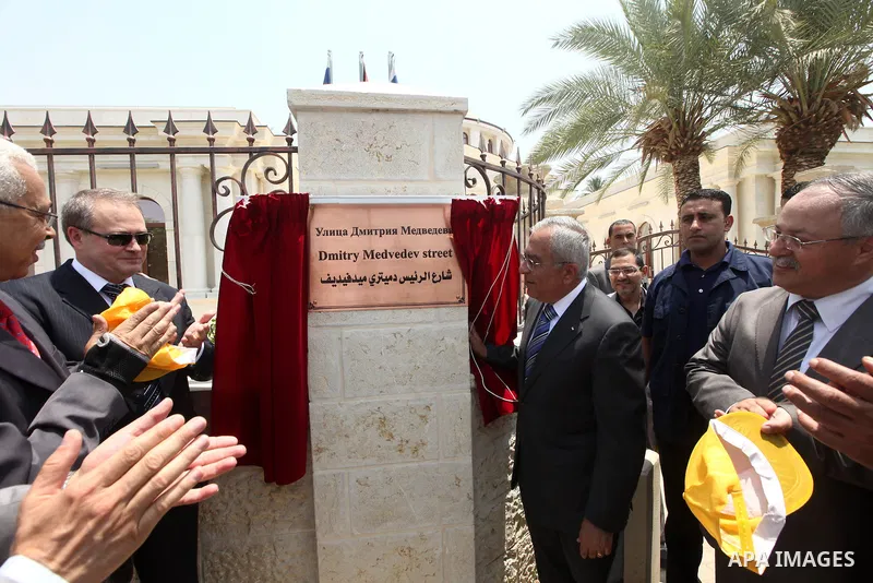 Palestinian Prime minister Salam Fayyad, attends the opening of Street, President Medvedev in the West Bank city of Jericho on June 20, 2012.. Photo by Mustafa Abu Dayeh