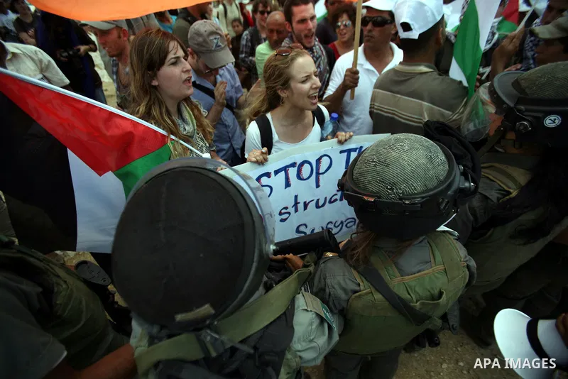 Foreign activists and Palestinians dressed as clowns gesture in front of Israeli policemen during a protest in the southern West Bank village of Susia near Hebron city on June 22, 2012 where Israel has recently served or...