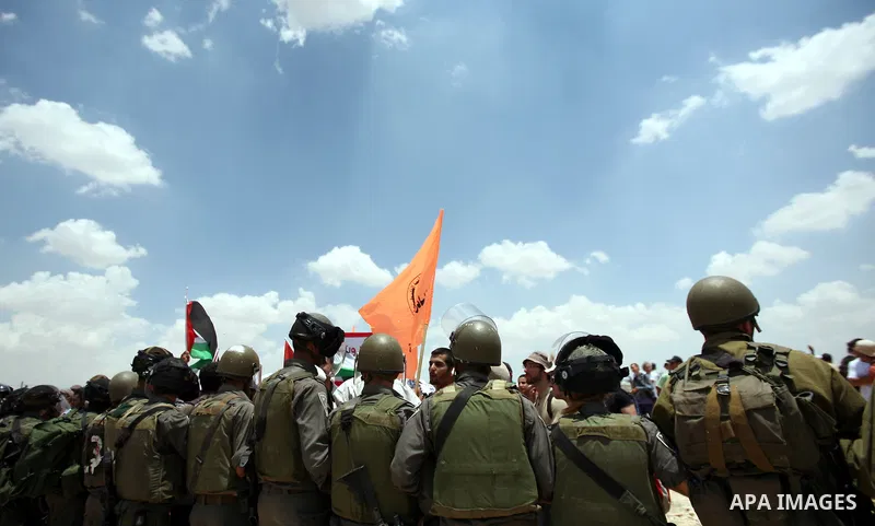 Foreign activists and Palestinians dressed as clowns gesture in front of Israeli policemen during a protest in the southern West Bank village of Susia near Hebron city on June 22, 2012 where Israel has recently served or...