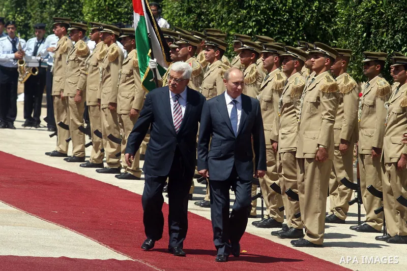 Palestinian President Mahmoud Abbas meets with his Russian counterpart Vladimir Putin at his office in the West Bank city of Bethlehem on June 26, 2012. photo by Issam Rimawi