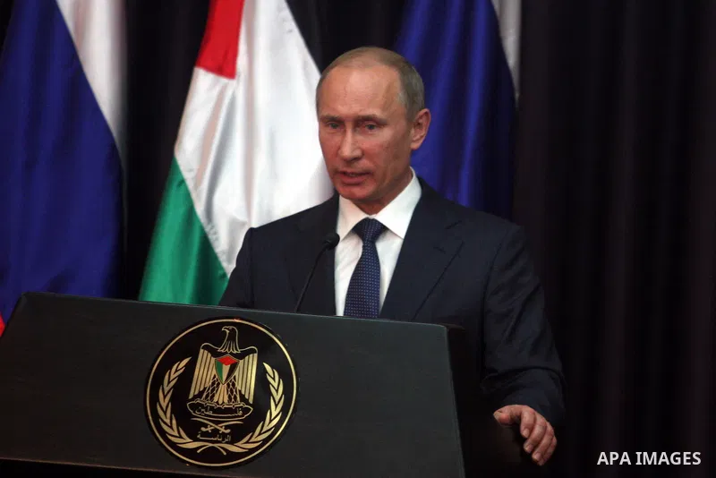 Palestinian Authority President Mahmud Abbas, and Russia's President Vladimir Putin hold a joint news conference in the West Bank Biblical town of Bethlehem on June 26, 2012, during a rare trip aimed at boosting Russia's...