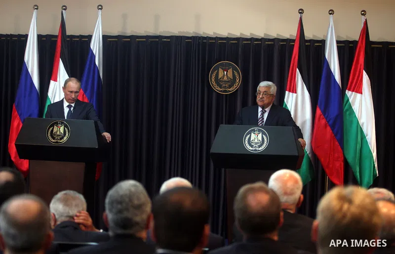 Palestinian Authority President Mahmud Abbas, and Russia's President Vladimir Putin hold a joint news conference in the West Bank Biblical town of Bethlehem on June 26, 2012, during a rare trip aimed at boosting Russia's...