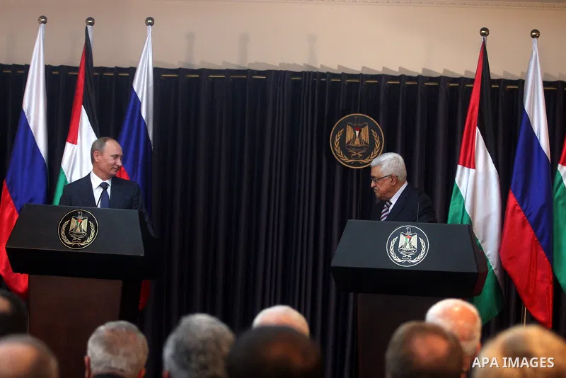 Palestinian Authority President Mahmud Abbas, and Russia's President Vladimir Putin hold a joint news conference in the West Bank Biblical town of Bethlehem on June 26, 2012, during a rare trip aimed at boosting Russia's...