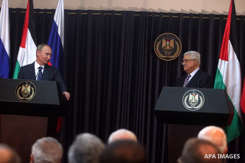 Palestinian Authority President Mahmud Abbas, and Russia's President Vladimir Putin hold a joint news conference in the West Bank Biblical town of Bethlehem on June 26, 2012, during a rare trip aimed at boosting Russia's...