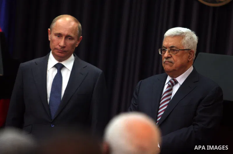 Palestinian Authority President Mahmud Abbas, and Russia's President Vladimir Putin hold a joint news conference in the West Bank Biblical town of Bethlehem on June 26, 2012, during a rare trip aimed at boosting Russia's...