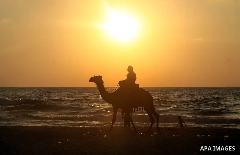 A Palestinian man rides a camel as others enjoy swimming in the sea on Gaza's beach on 27 June 2012 in Gaza. Photo by Majdi Fathi