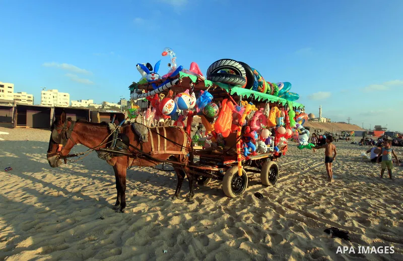 A Palestinian man sells toys on his cart as others enjoy swimming in the sea on Gaza's beach on 27 June 2012 in Gaza. Photo by Majdi Fathi