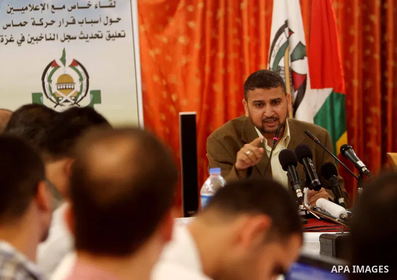 The spokesman of Hamas, Sami Abu Zuhri during a press conference about the postponement of the Central Election by Hamas in Gaza city on July. 03,2012. Photo by Ashraf Amra