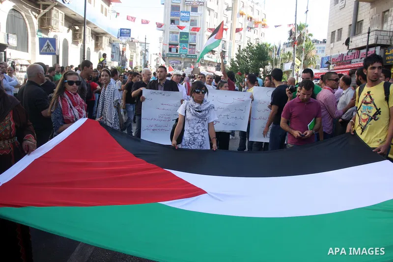 Palestinian demonstrators hold a national flag in the West Bank city of Ramallah on July 3, 2012 to protest against the violent dispersal of two similar rallies over the weekend. The demonstration was called by the "Pale...