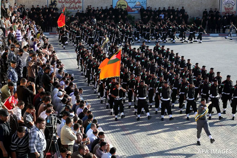 Graduating Hamas's police officers march during a ceremony in Gaza City on July 05, 2012. Hamas has governed the Gaza Strip since June 2007, after it won a majority of seats in the Palestinian Parliament in the January 2...