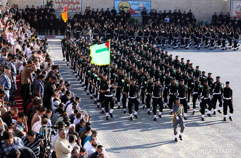 Graduating Hamas's police officers march during a ceremony in Gaza City on July 05, 2012. Hamas has governed the Gaza Strip since June 2007, after it won a majority of seats in the Palestinian Parliament in the January 2...