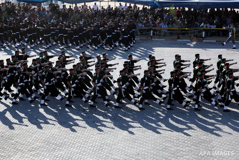 Graduating Hamas's police officers march during a ceremony in Gaza City on July 05, 2012. Hamas has governed the Gaza Strip since June 2007, after it won a majority of seats in the Palestinian Parliament in the January 2...