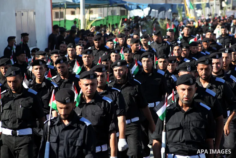 Graduating Hamas's police officers march during a ceremony in Gaza City on July 05, 2012. Hamas has governed the Gaza Strip since June 2007, after it won a majority of seats in the Palestinian Parliament in the January 2...