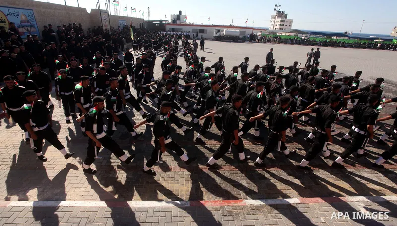 Graduating Hamas's police officers march during a ceremony in Gaza City on July 05, 2012. Hamas has governed the Gaza Strip since June 2007, after it won a majority of seats in the Palestinian Parliament in the January 2...