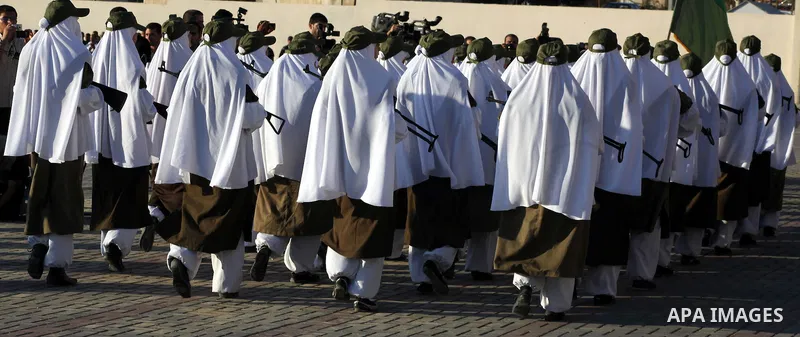 Female Hamas's police officers march during a ceremony in Gaza City on July 05, 2012. Hamas has governed the Gaza Strip since June 2007, after it won a majority of seats in the Palestinian Parliament in the January 2006...