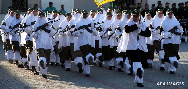 Female Hamas's police officers march during a ceremony in Gaza City on July 05, 2012. Hamas has governed the Gaza Strip since June 2007, after it won a majority of seats in the Palestinian Parliament in the January 2006...