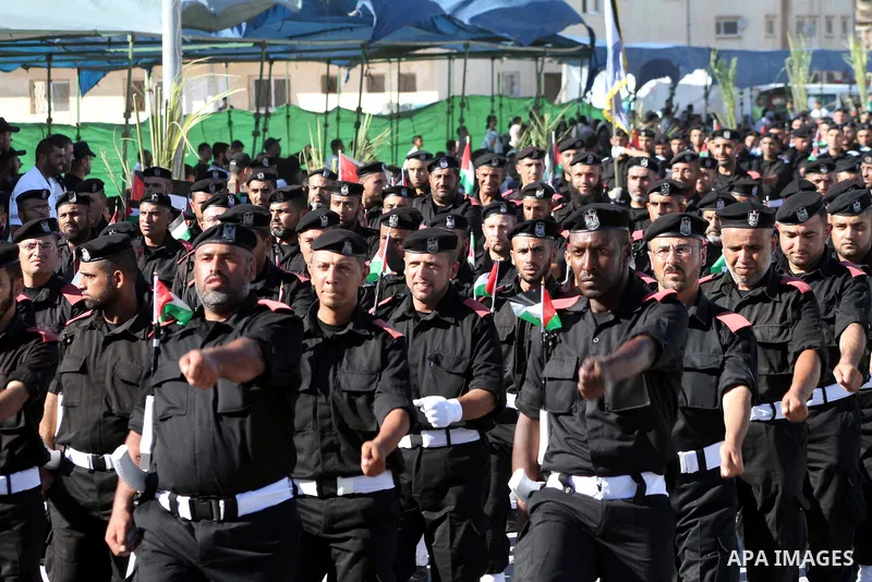 Graduating Hamas's police officers march during a ceremony in Gaza City on July 05, 2012. Hamas has governed the Gaza Strip since June 2007, after it won a majority of seats in the Palestinian Parliament in the January 2...