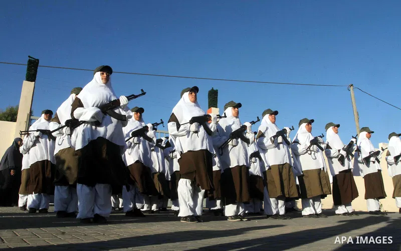 Female Hamas's police officers march during a ceremony in Gaza City on July 05, 2012. Hamas has governed the Gaza Strip since June 2007, after it won a majority of seats in the Palestinian Parliament in the January 2006...