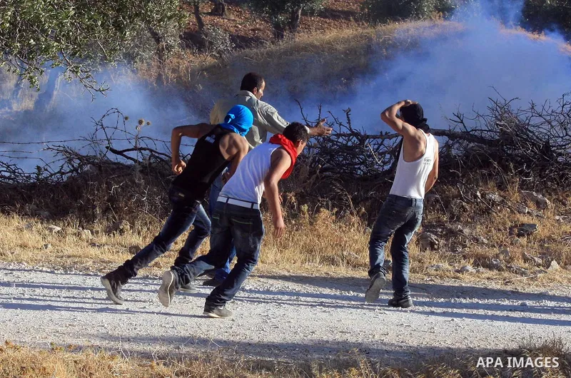 Palestinians run from tear gas fired by Israeli soldiers after two shepherds from the village of Aqraba, south of the city of Nablus in the Israeli occupied West Bank were allegedly attacked by Jewish settlers from the I...